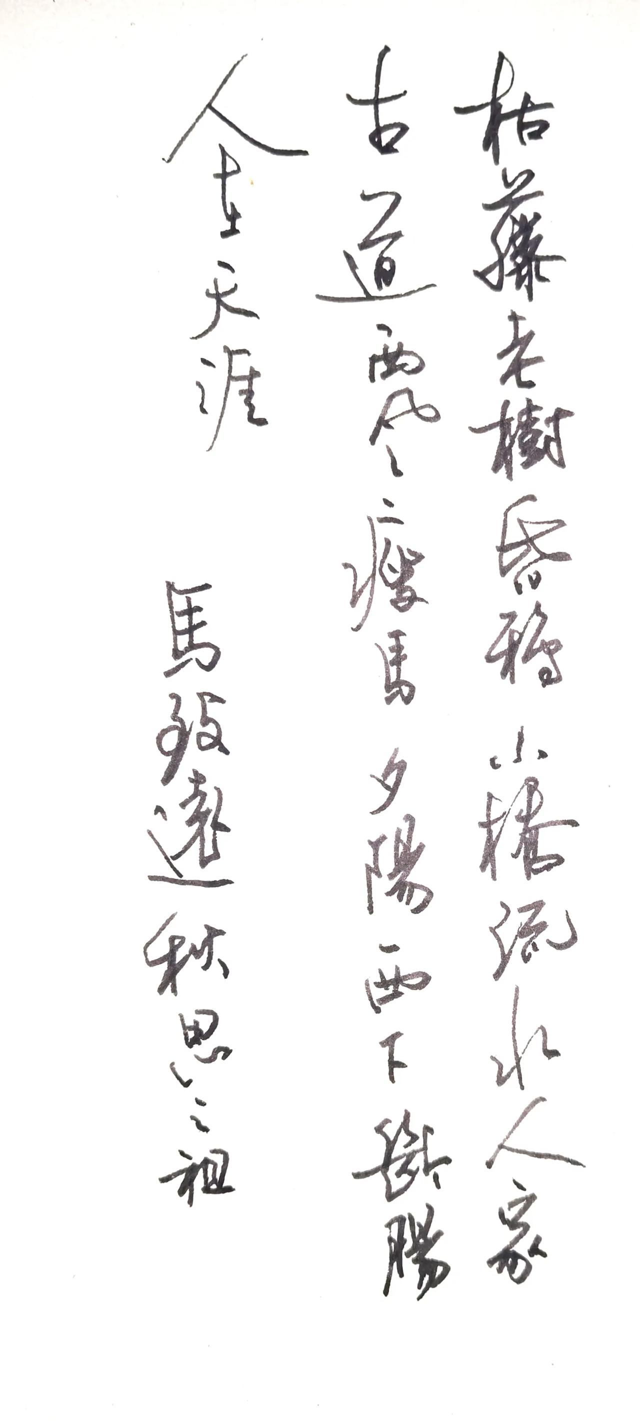 马致远《天净沙·秋思》
枯藤老树昏鸦，小桥流水人家，
古道西风瘦马。夕阳西下，断