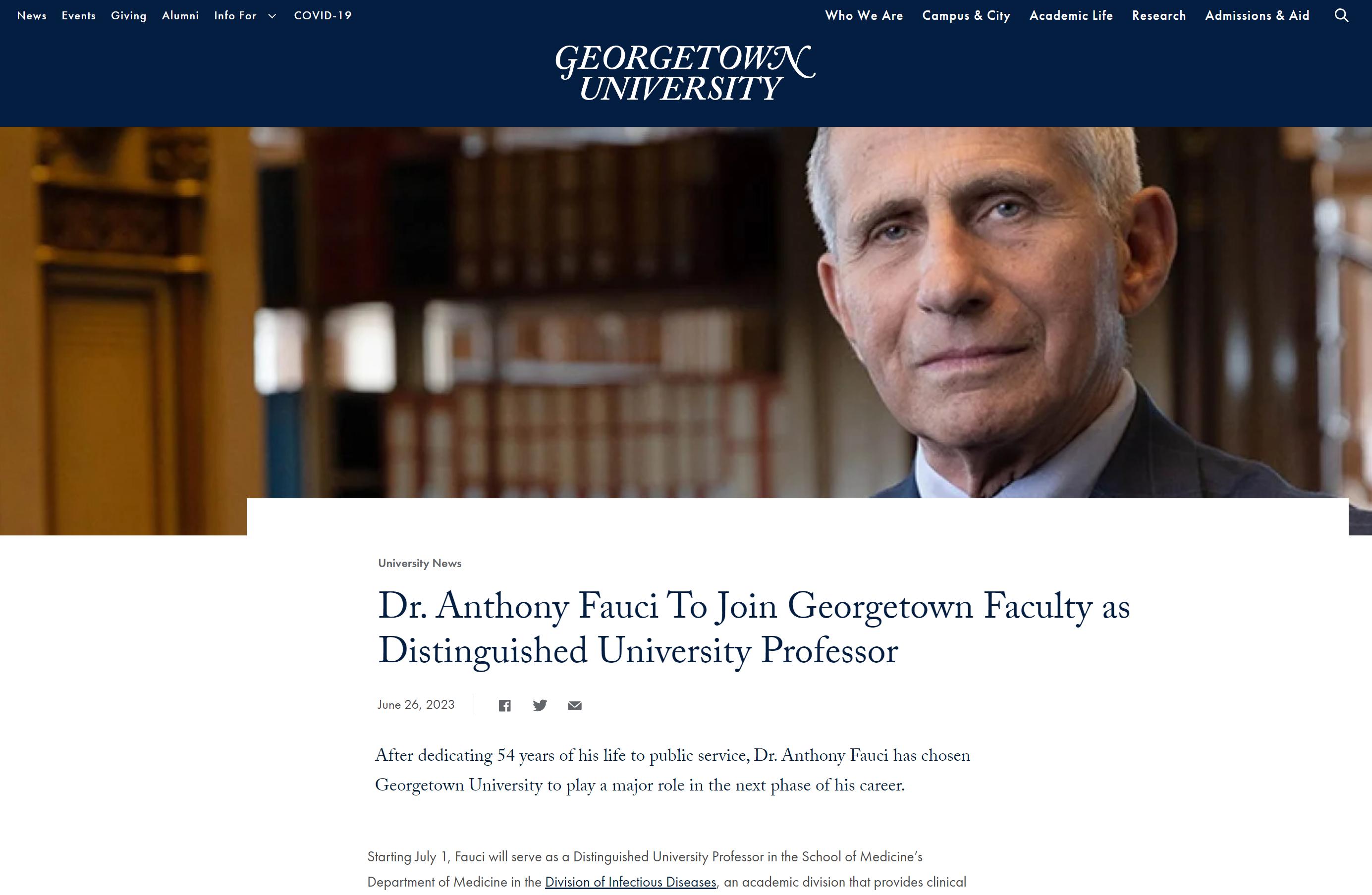 福奇医生（Dr. Anthony Fauci）要去乔治城大学医学院（George