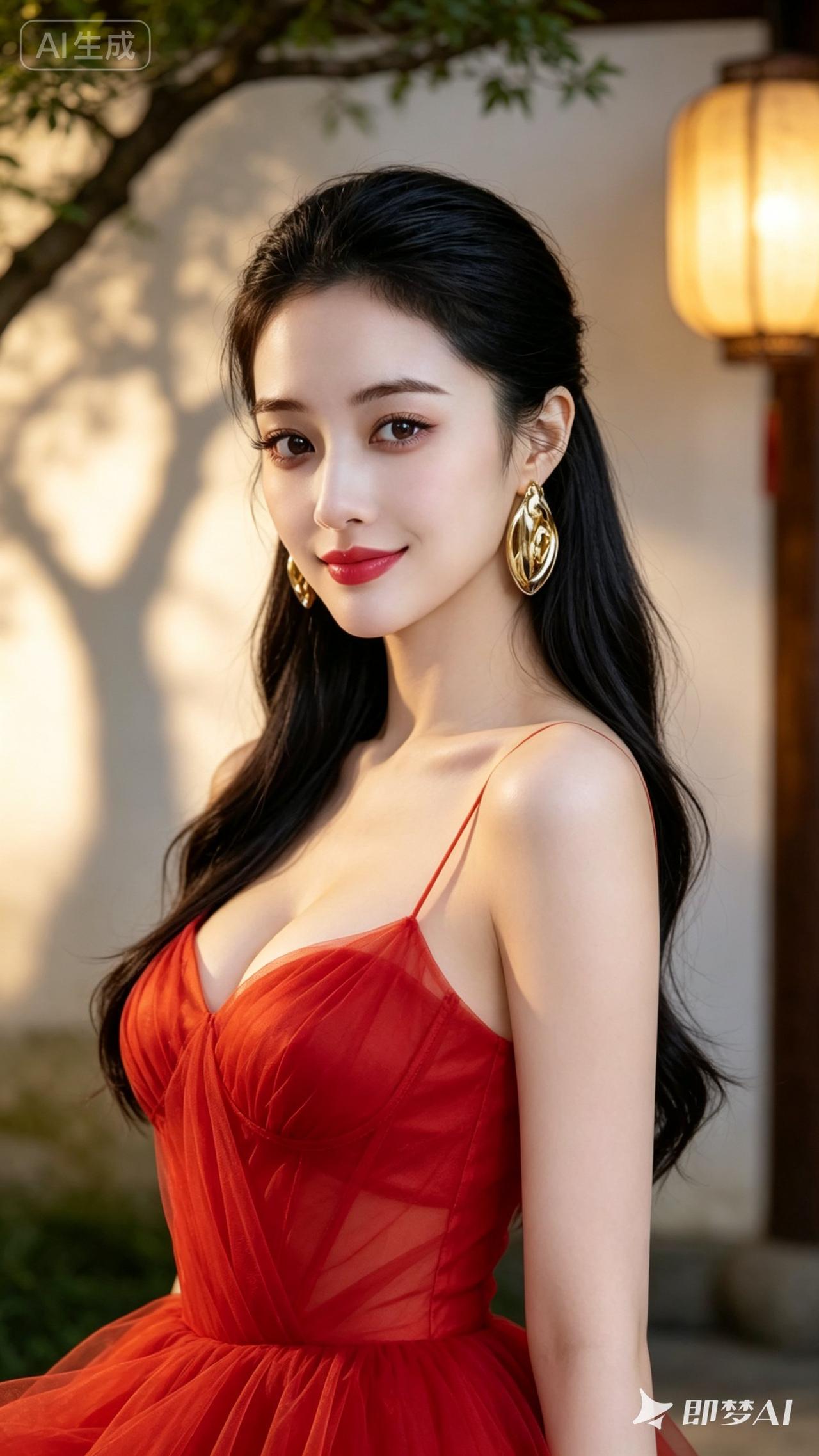红衣美人，优雅动人，宛如画中仙子。