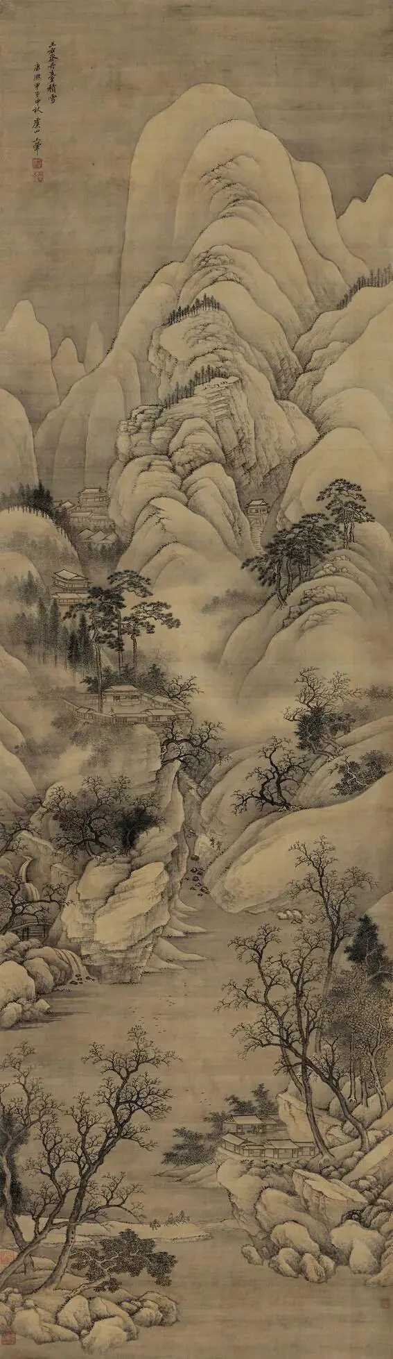 王翚《丹台积雪图》，纸本 223.5 × 64.5 cm。此图作于康熙二十三年甲