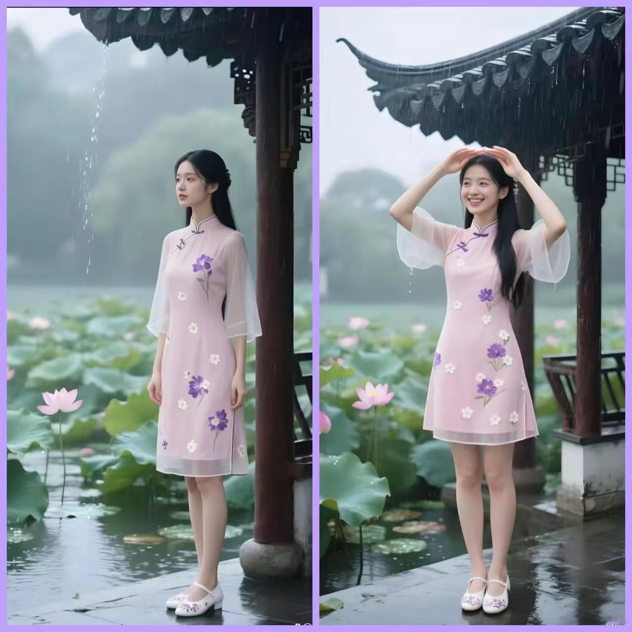 四块玉·雨里观荷
细雨凉，荷池漾，
翠盖团团似油张。
粉苞凝艳胭脂样，
涤尽俗世