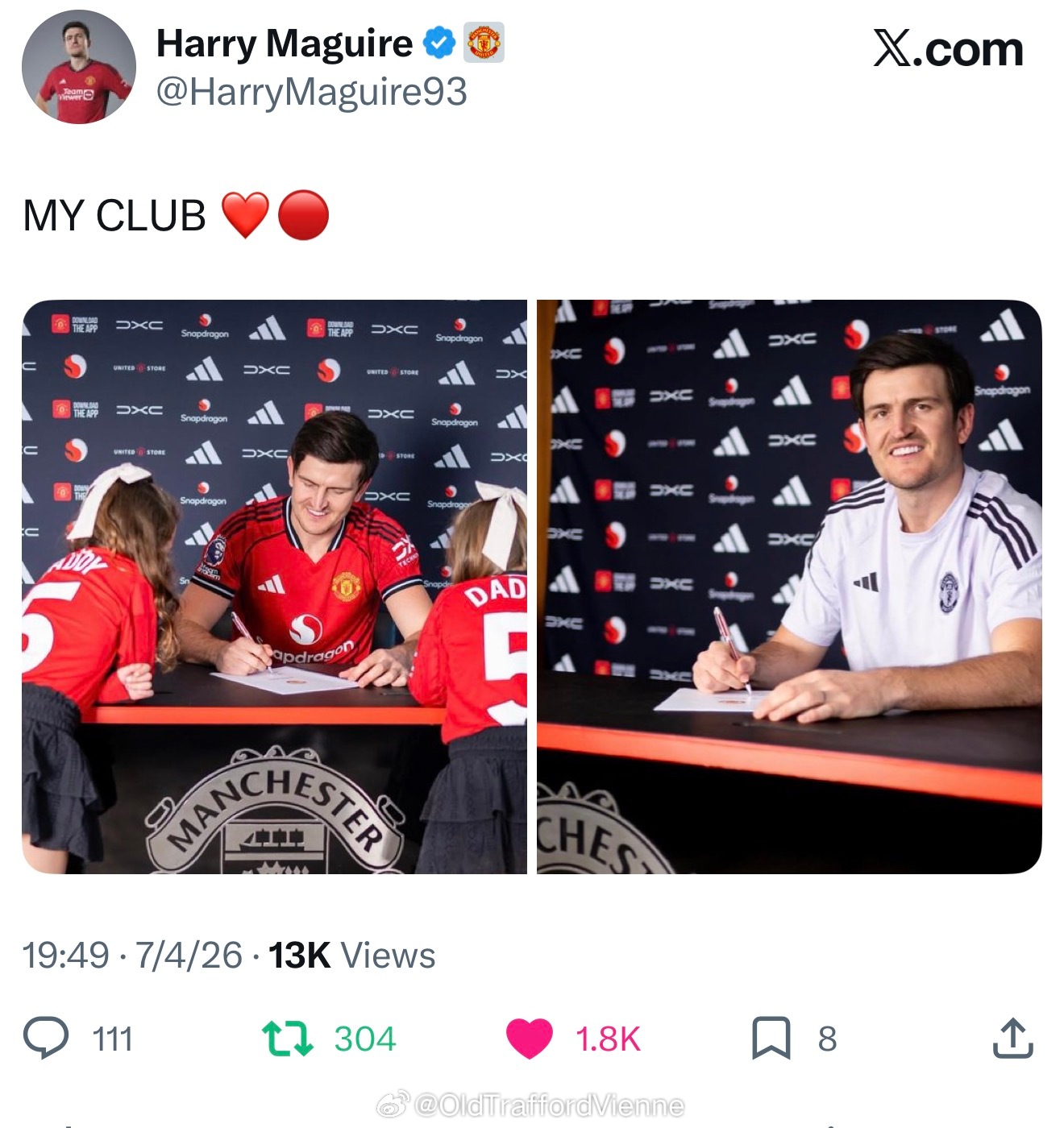 马奎尔更推：MY CLUB 🔴❤️两个女儿好可爱呀 