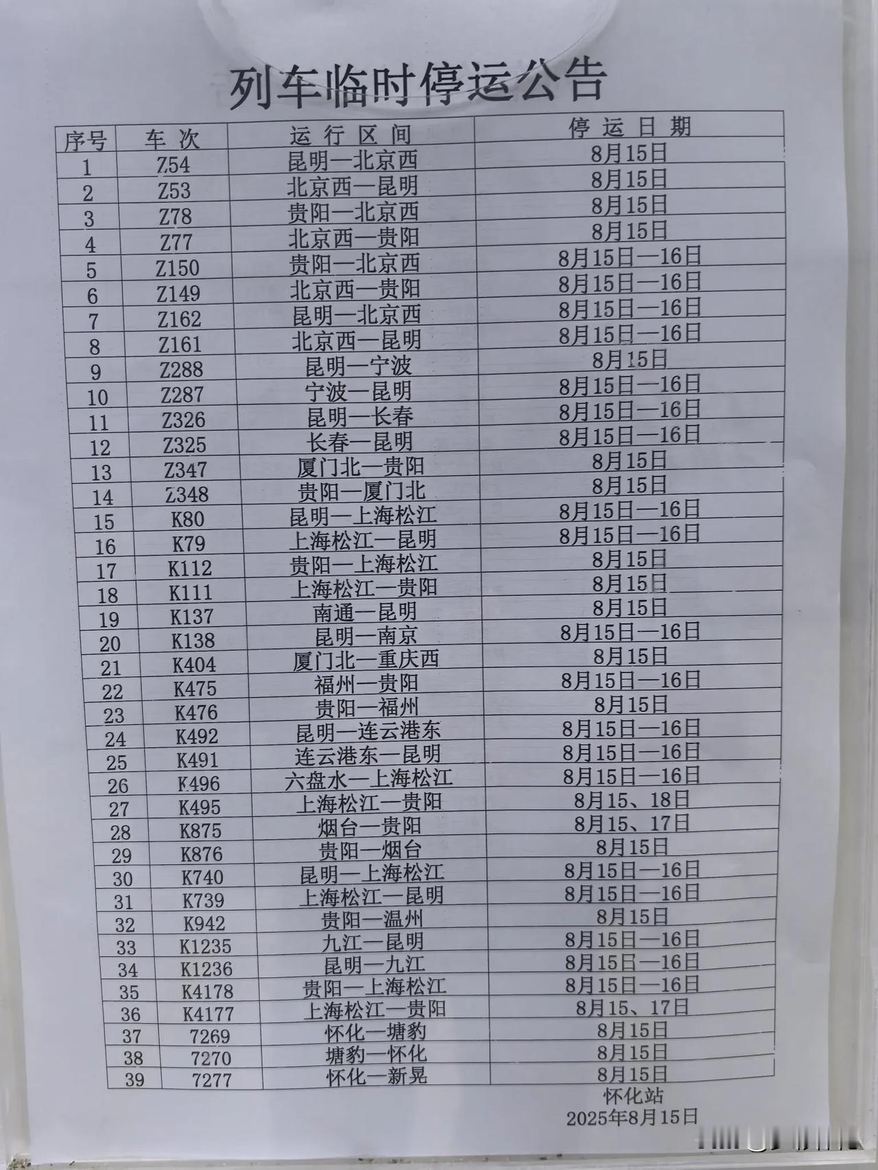 来自怀化火车站售票大厅的消息：8日15日一16日，怀化火车站临时停运39趟车次，