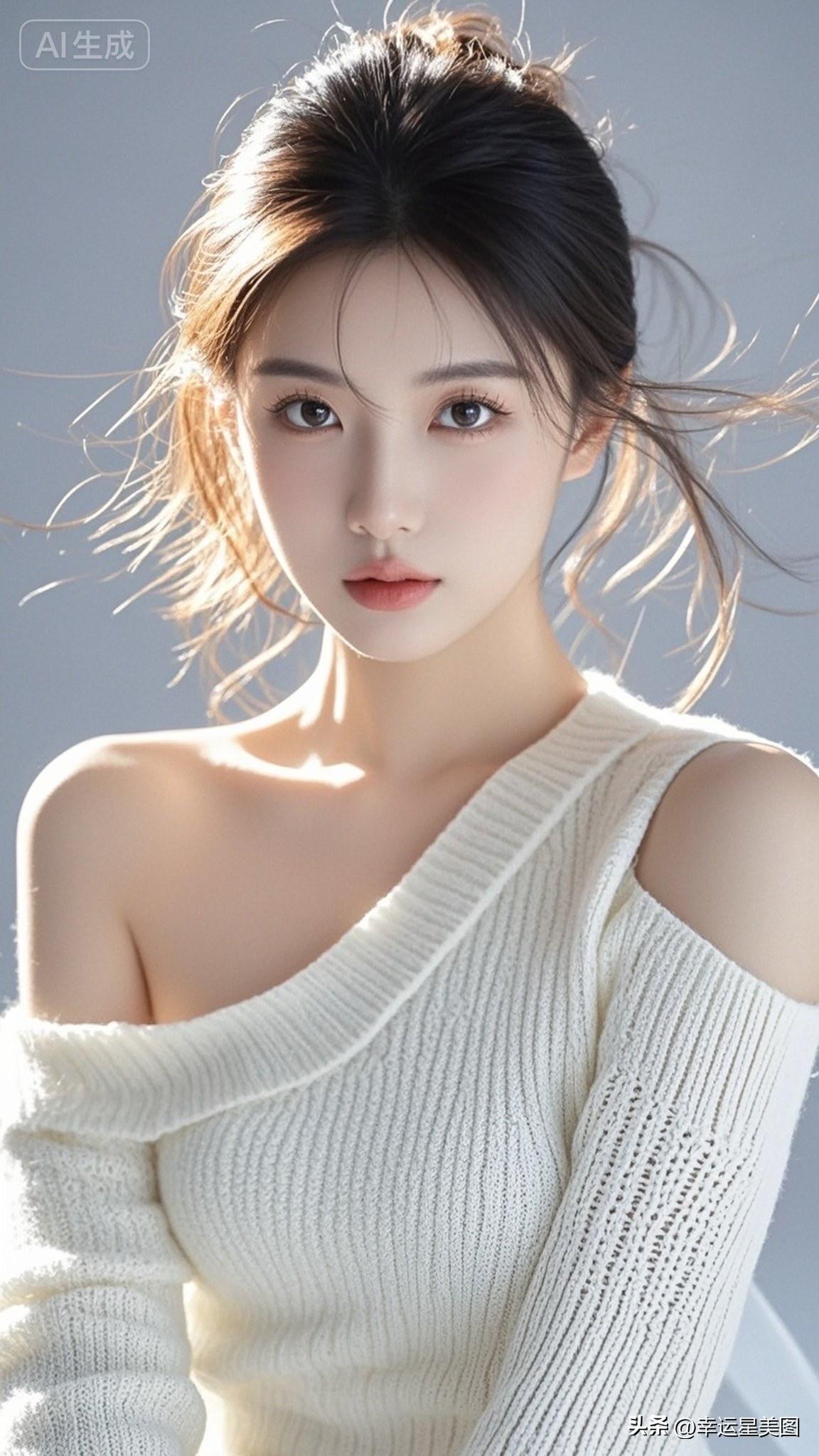 这位美女穿着毛衣，头发微乱，看起来很有气质。
