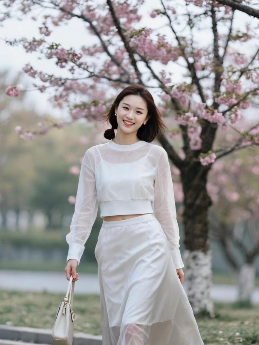 这樱花树下，小姐姐穿得比花还仙，仿佛在说：“我站在这，风景就得靠边站。”别人拍照