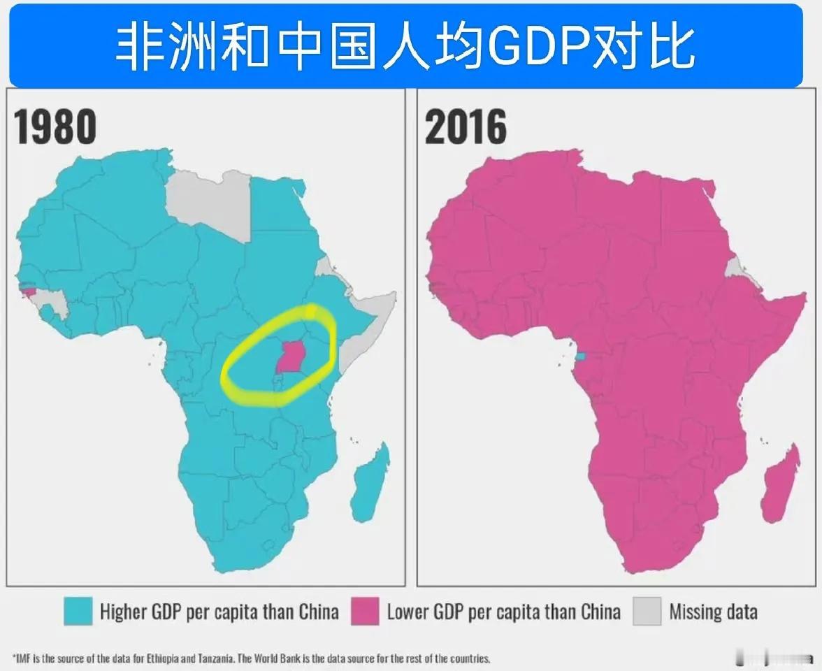 不理解很多人想回到改革开放前？附图是中国和非洲人均GDP对比。左图是1980年，