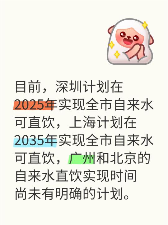 目前，深圳计划在2025年实现全市自来水可直饮，上海计划在2035年实...