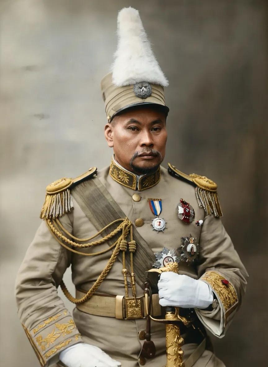 民国初年，旧桂系首领陆荣廷身穿北洋政府陆军上将军服时，留下的一张合影，他早年经历