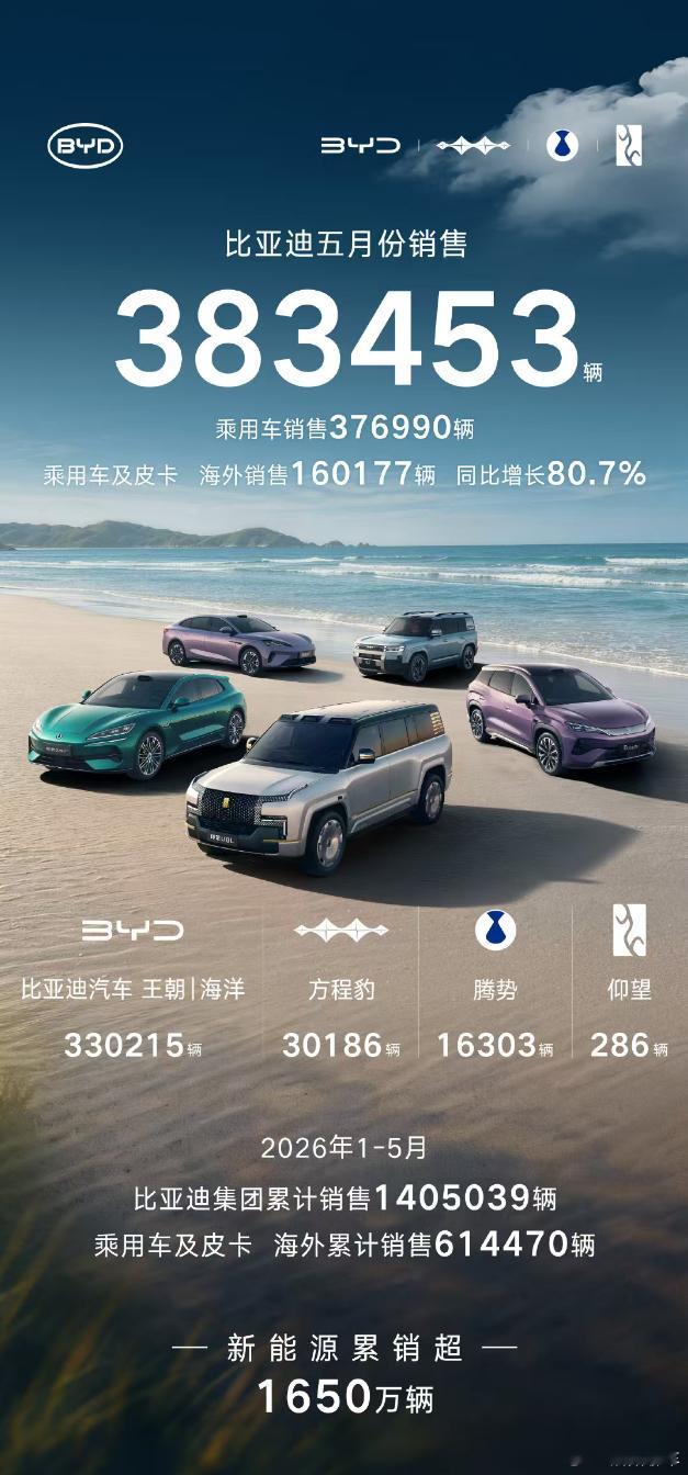 比亚迪汽车5月销量383453辆比亚迪2026年5月新能源汽车销量383,453