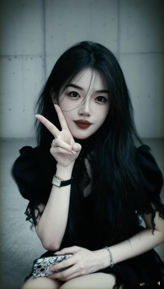 黑发红唇的甜美女孩，V字手势，时尚穿搭，少女心满满！💖📸