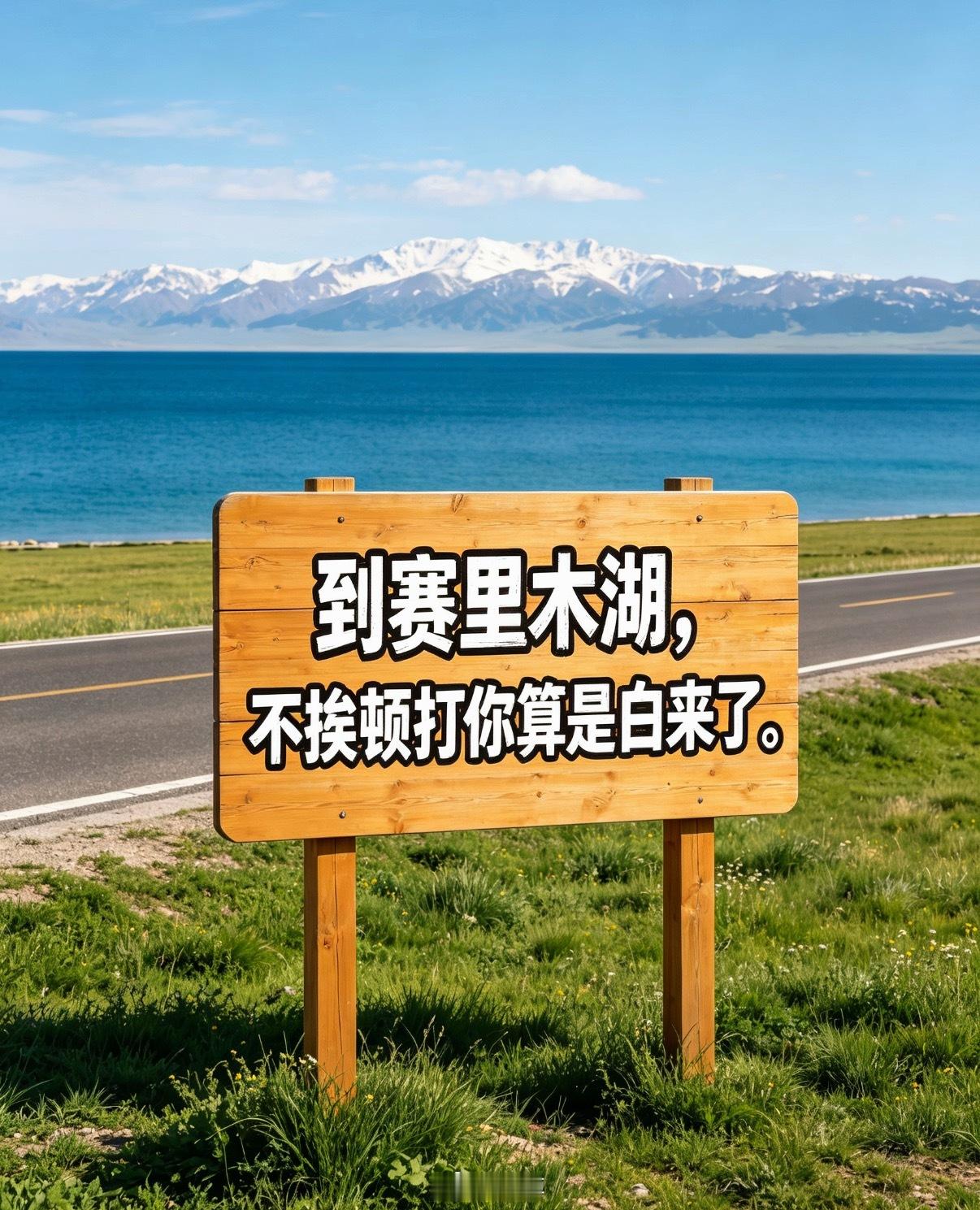 赛里木湖景区致歉标语改下吧：到赛里木湖，不挨顿打你算是白来了。 