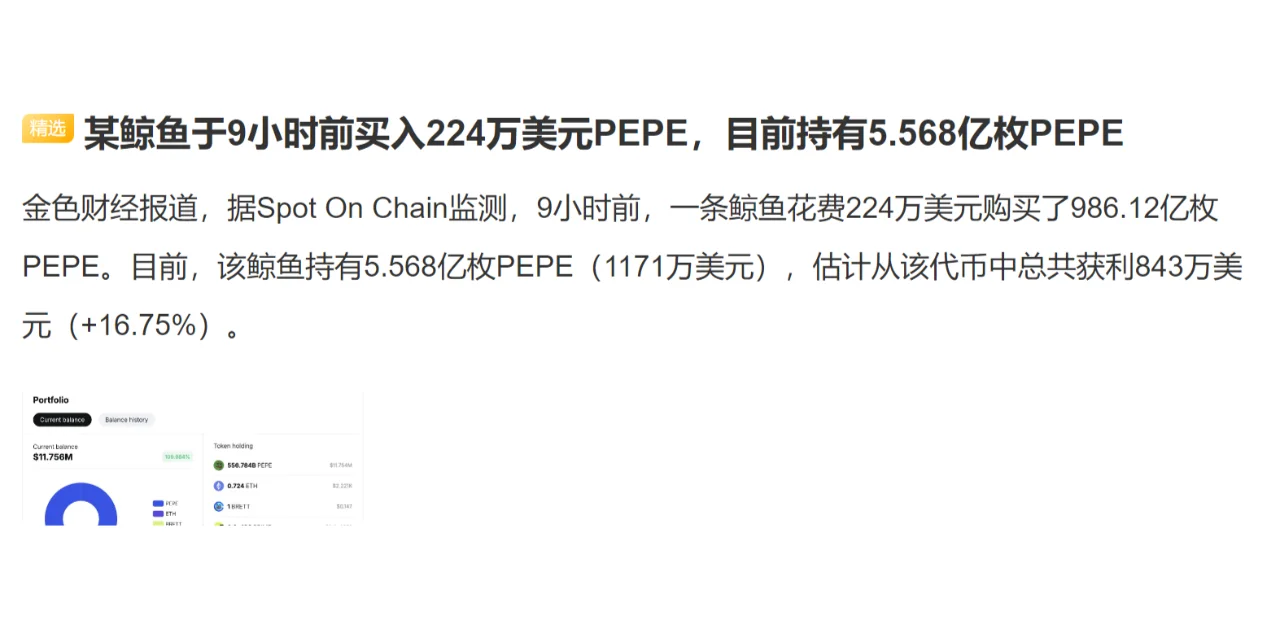 某鲸鱼于9小时前买入224万美元PEPE，目前持有5.568亿枚PEPE