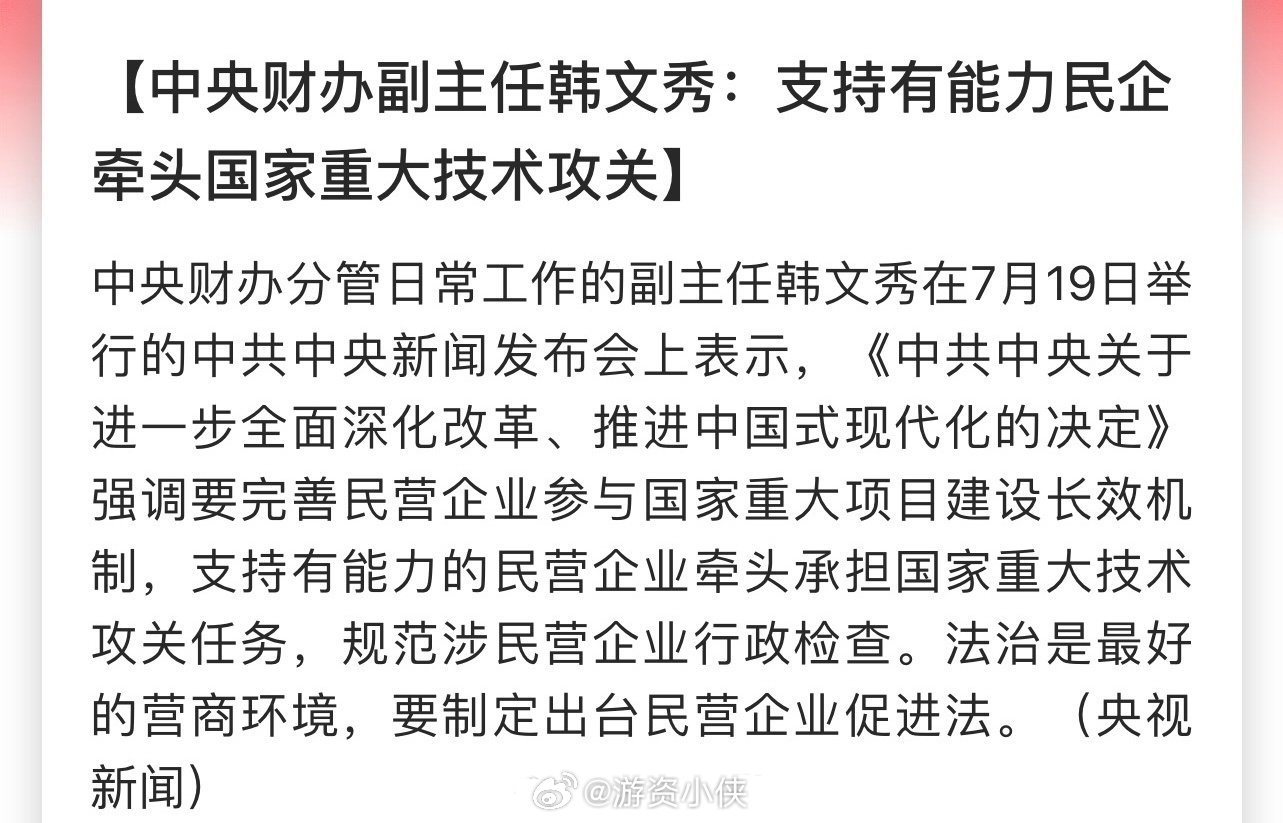 中央财办副主任韩文秀：支持有能力民企牵头国家重大技术攻关！寒武纪，华为，小米，大