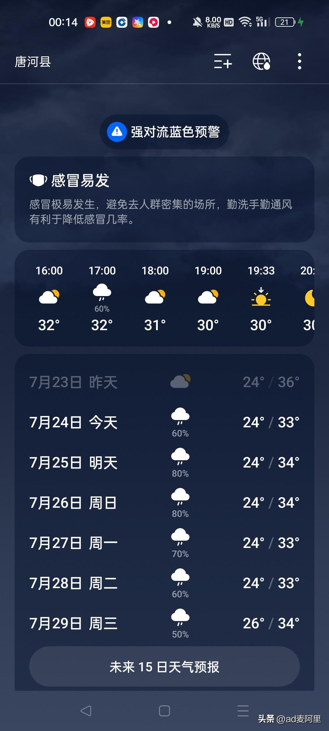 看看这天气预报？？。
几小时前说，接下来几天都有雨，还发布强对流蓝色预警…
几小