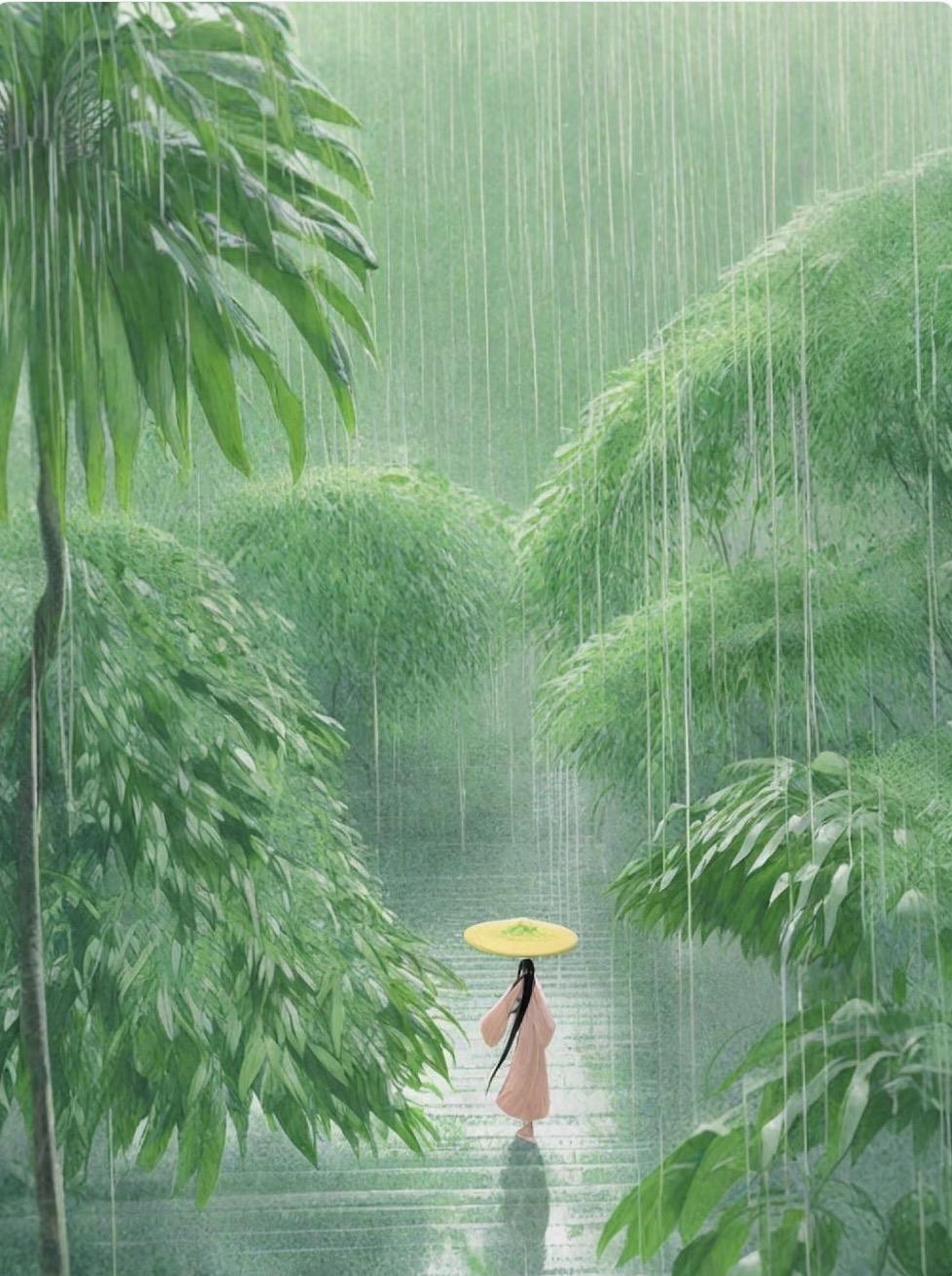 上联：锦绵细雨千般意
下联：飒飒修篁万古青