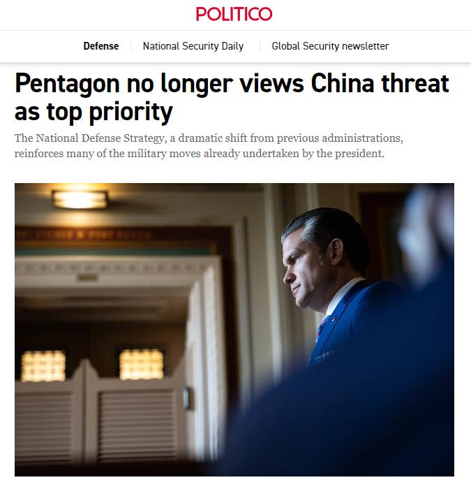 据美国《政治报》：五角大楼不再将中国威胁视为首要问题
五角大楼于周五晚间公布了这