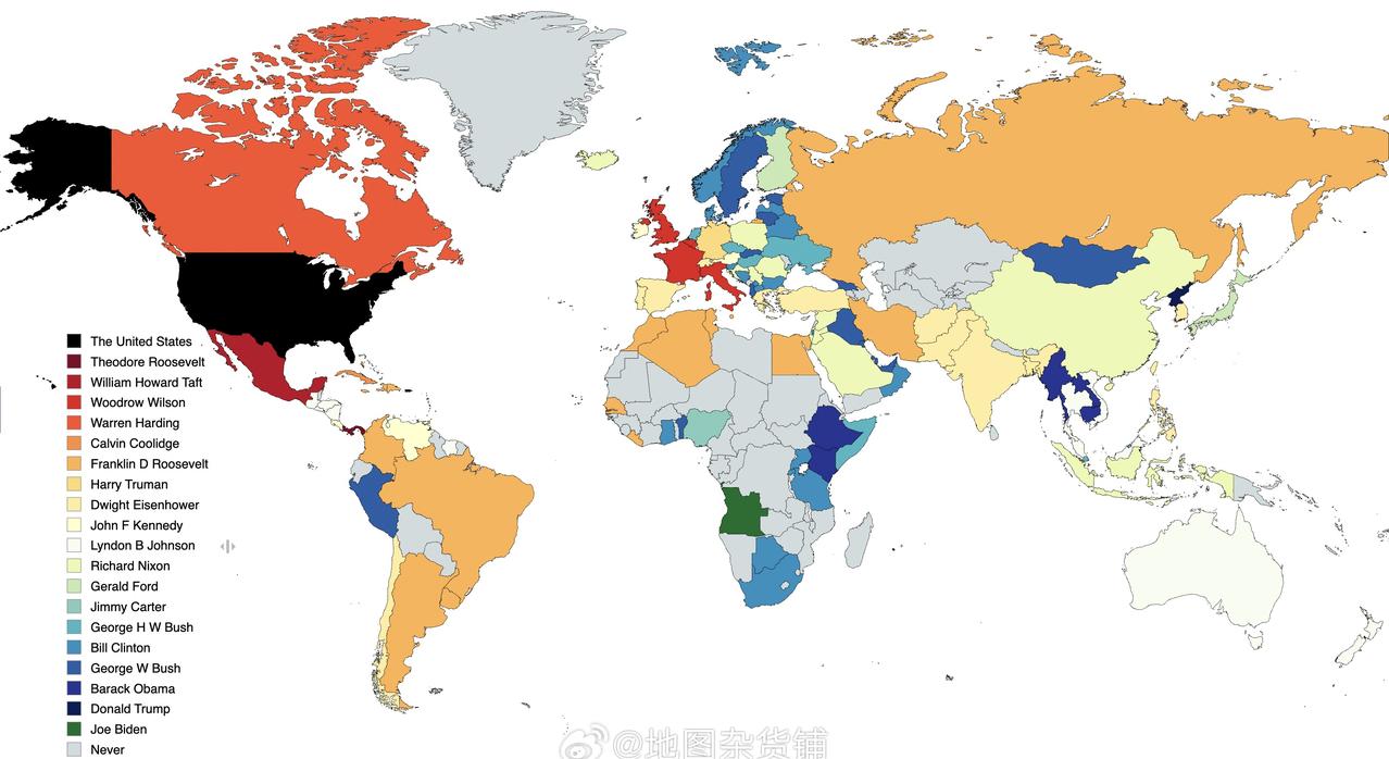 首位访问过这些国家的在任美国总统地图，通过不同颜色的填充，清晰勾勒出了美国外交影
