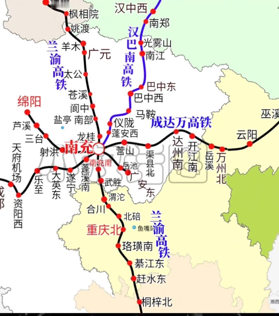 南充目前只有一条巴南高铁在运营（时速250公里），但成南达万高铁自己南广城际通车