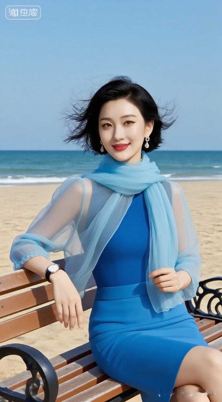 海边漫步，蓝色连衣裙与海风相得益彰，轻松自在。🌊💙👗