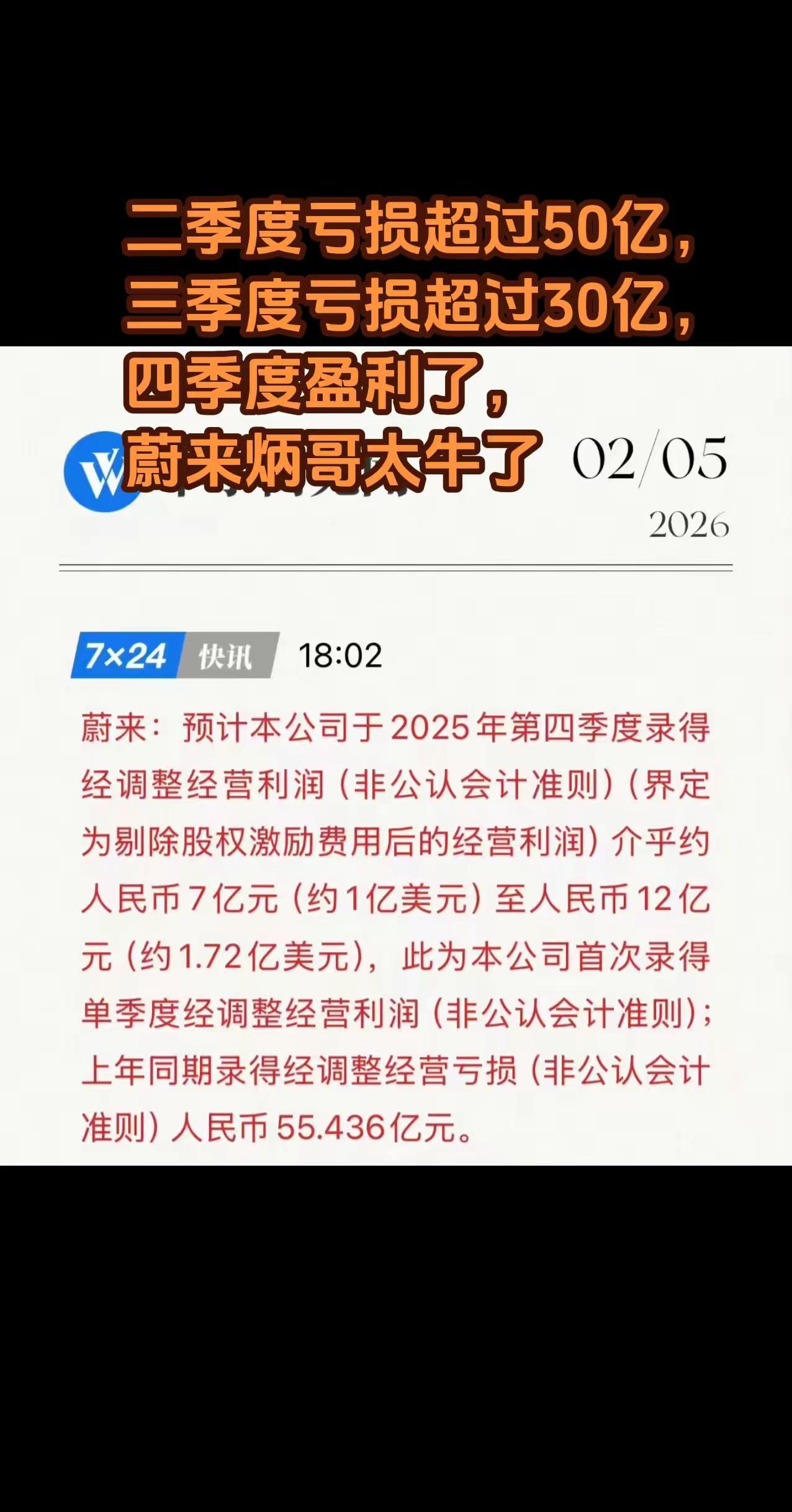 二季度亏损超过50亿，三季度亏损超过30亿， 四季度盈利了，蔚来炳哥太牛了。