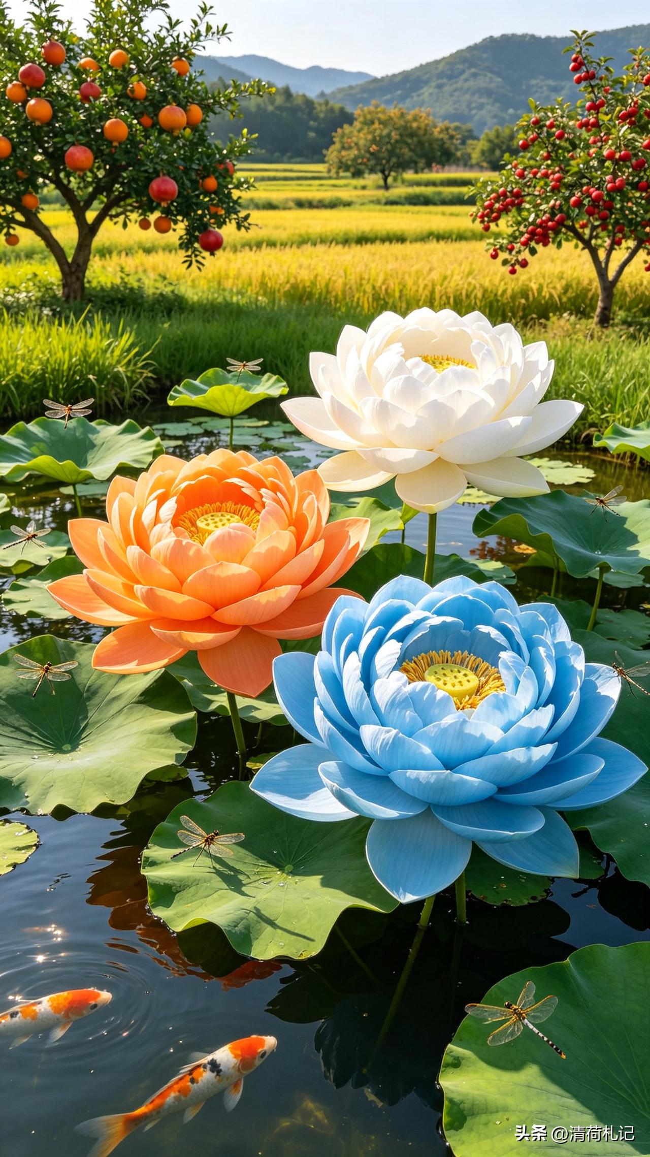清晨，当梦幻的蓝莲与热烈的橙莲相遇，当灵动的锦鲤，游弋在翠绿的荷塘，现实与童话的