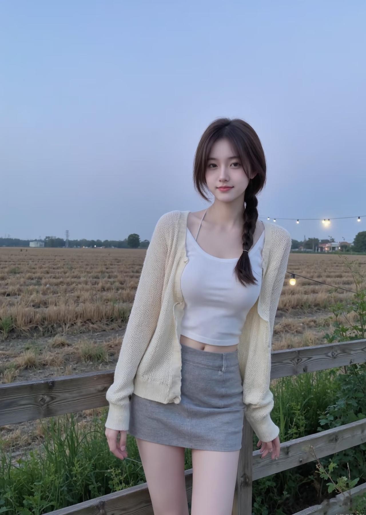 一个女孩在田野边拍照。
