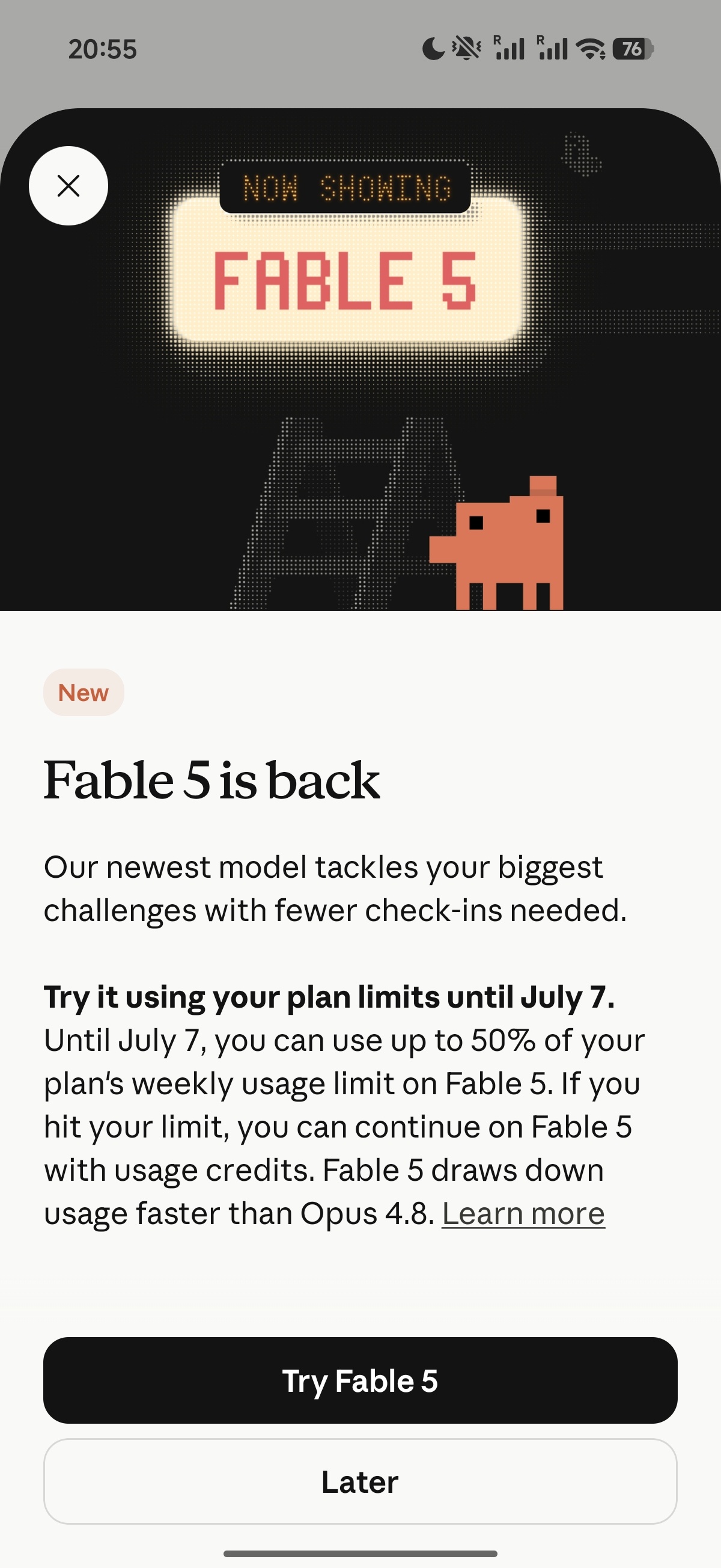 Fable 5 回来了，这次带着活动归来。7月1日-7日限时开放给Pro/Max