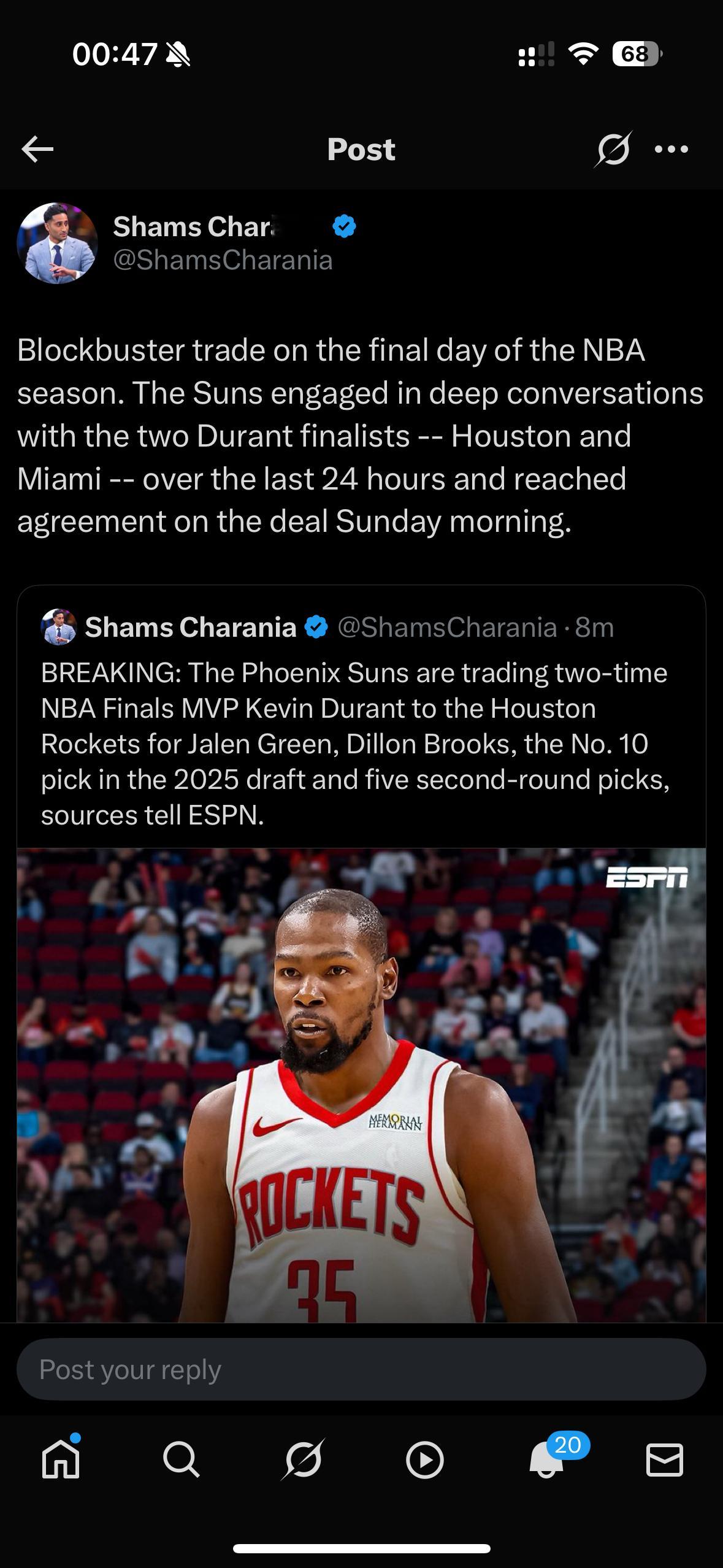 Shams：在 NBA 赛季的最后一天，太阳队完成了重磅交易。过去 24 小时内
