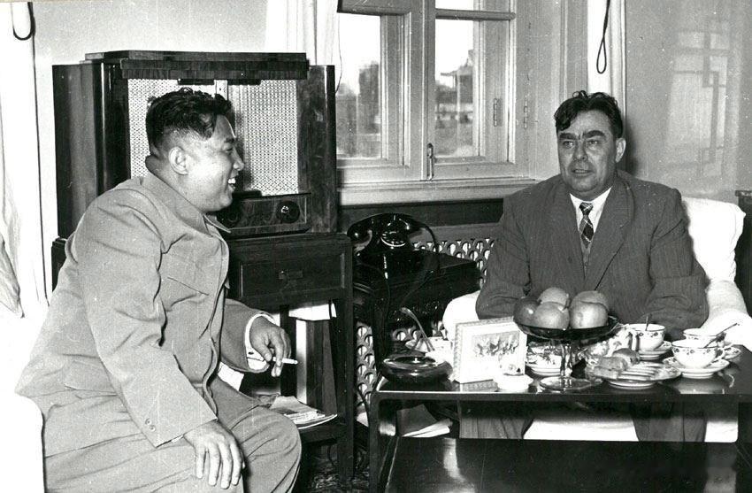 1956年苏联代表团正式访问朝鲜期间，列奥尼德·勃列日涅夫在金日成的招待会上。