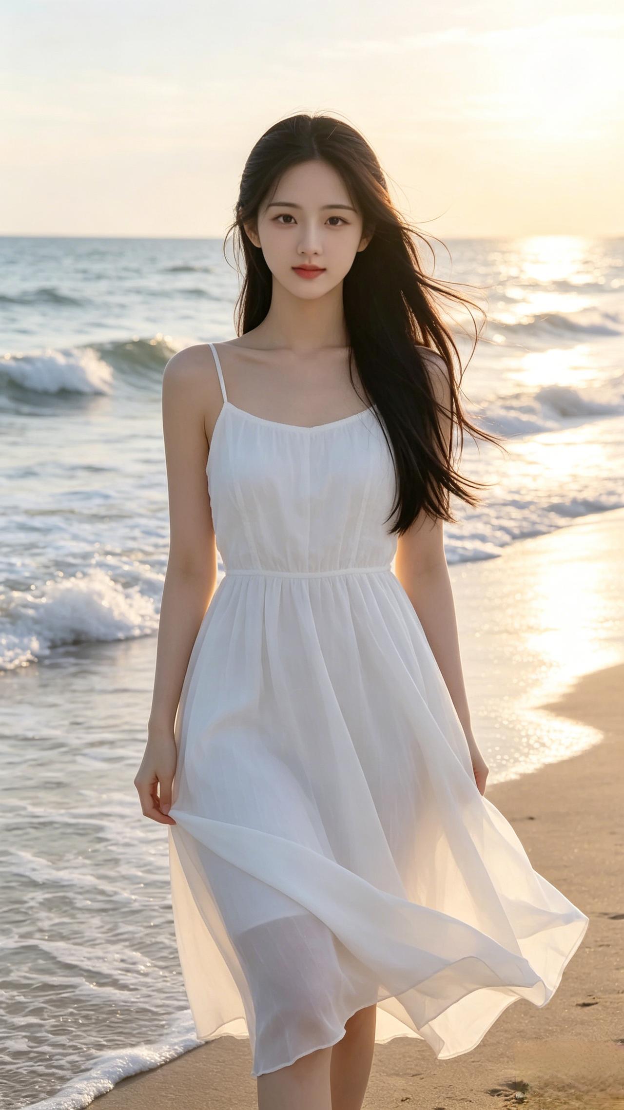 海边漫步，轻盈白裙，阳光下的少女你心目中的美女是什么样子
