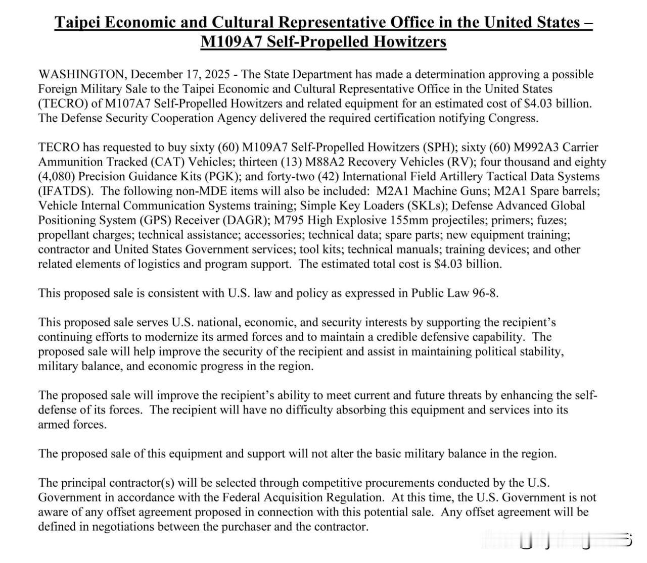 🔥🇺🇸关于向台湾地区供应美国榴弹炮和多管火箭炮系统

第一批物资

• 6