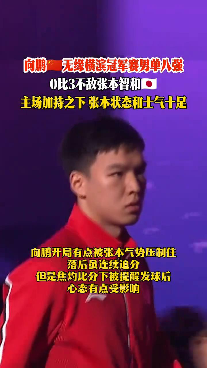 向鹏无缘横滨冠军赛男单八强，0比3不敌张本智和，主场加持之下张本状态和士气十足。