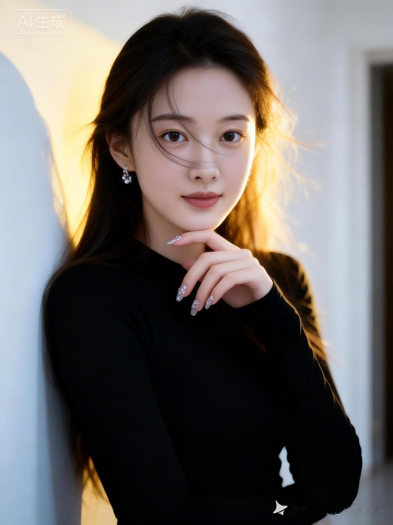 冷白奶油肌肤，无辜大眼微醺灵动，长发拂颊。黑修身上衣慵懒托腮自拍，背靠浅白墙面，