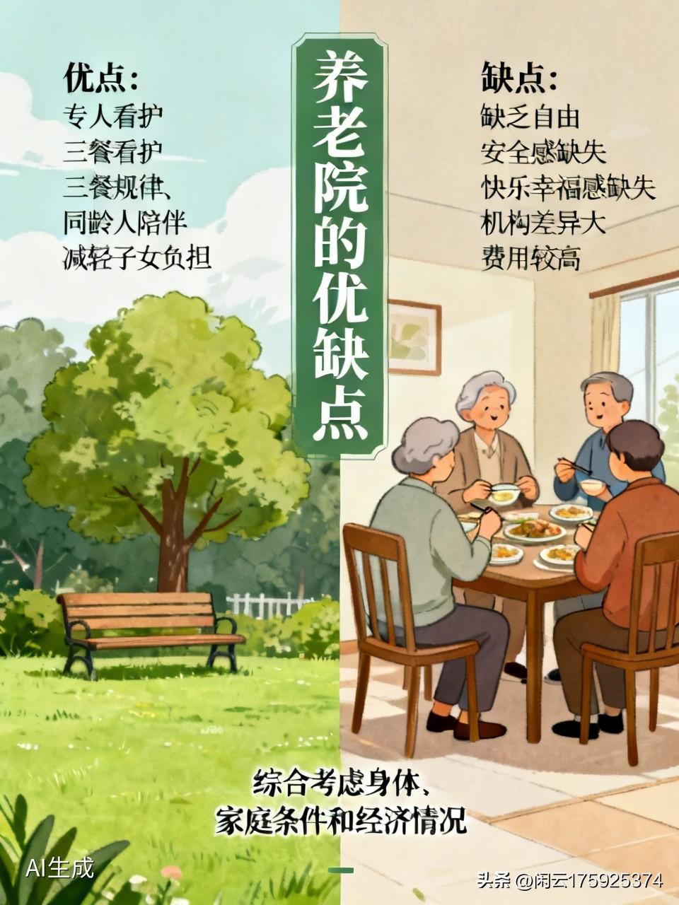 养老院有优点也有缺点。优点很明显，全天有专人看护，老人要是生病磕碰能及时处理，日