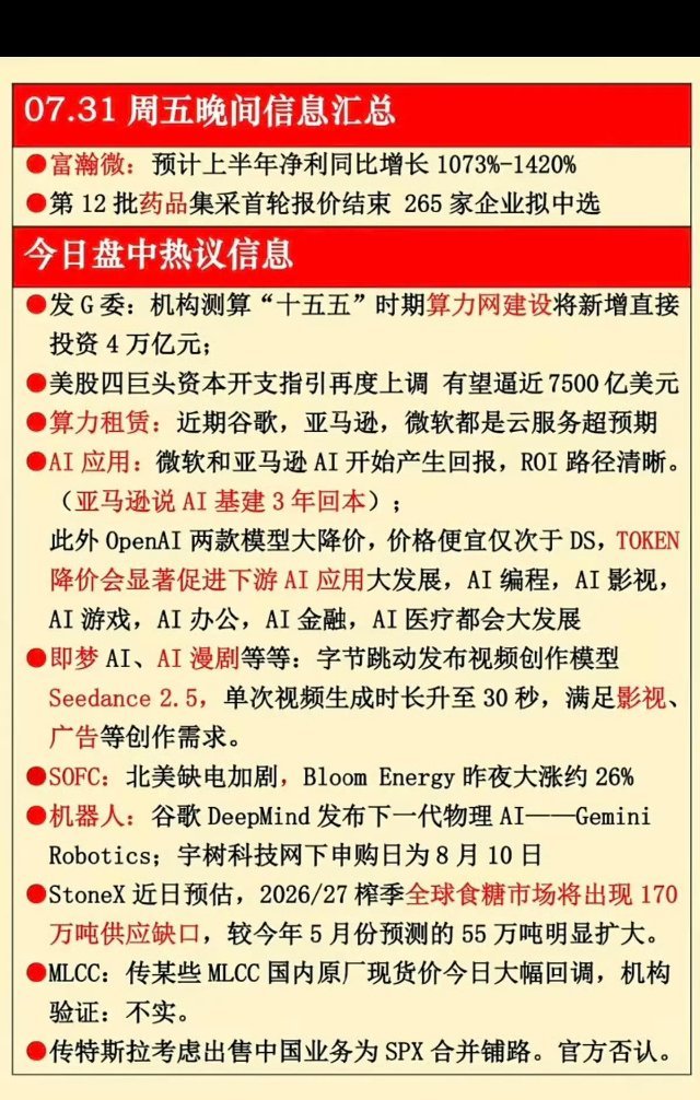 7.31周五  晚间财经信息汇总！1.算力网建设，算力租赁2.人工智能，AI应用