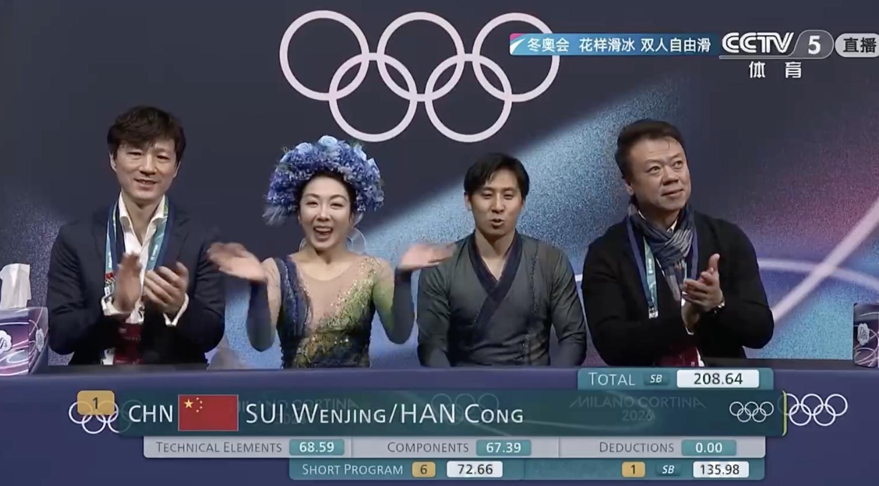 隋文静/韩聪安全比完双人自由滑！获得135.98分，总分208.64分！恭喜完成