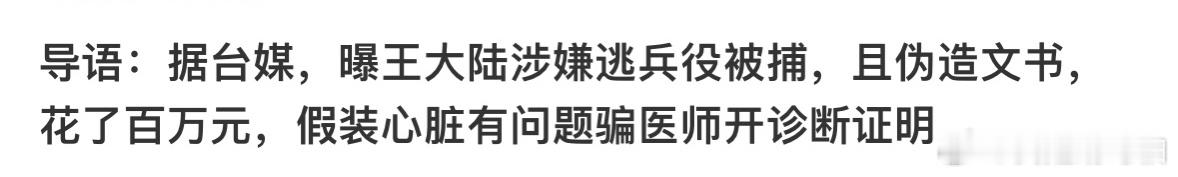 王大陆或被判5年以下有期徒刑 伪造文书，花百万假装心脏有问题让医生开诊断证明[汗