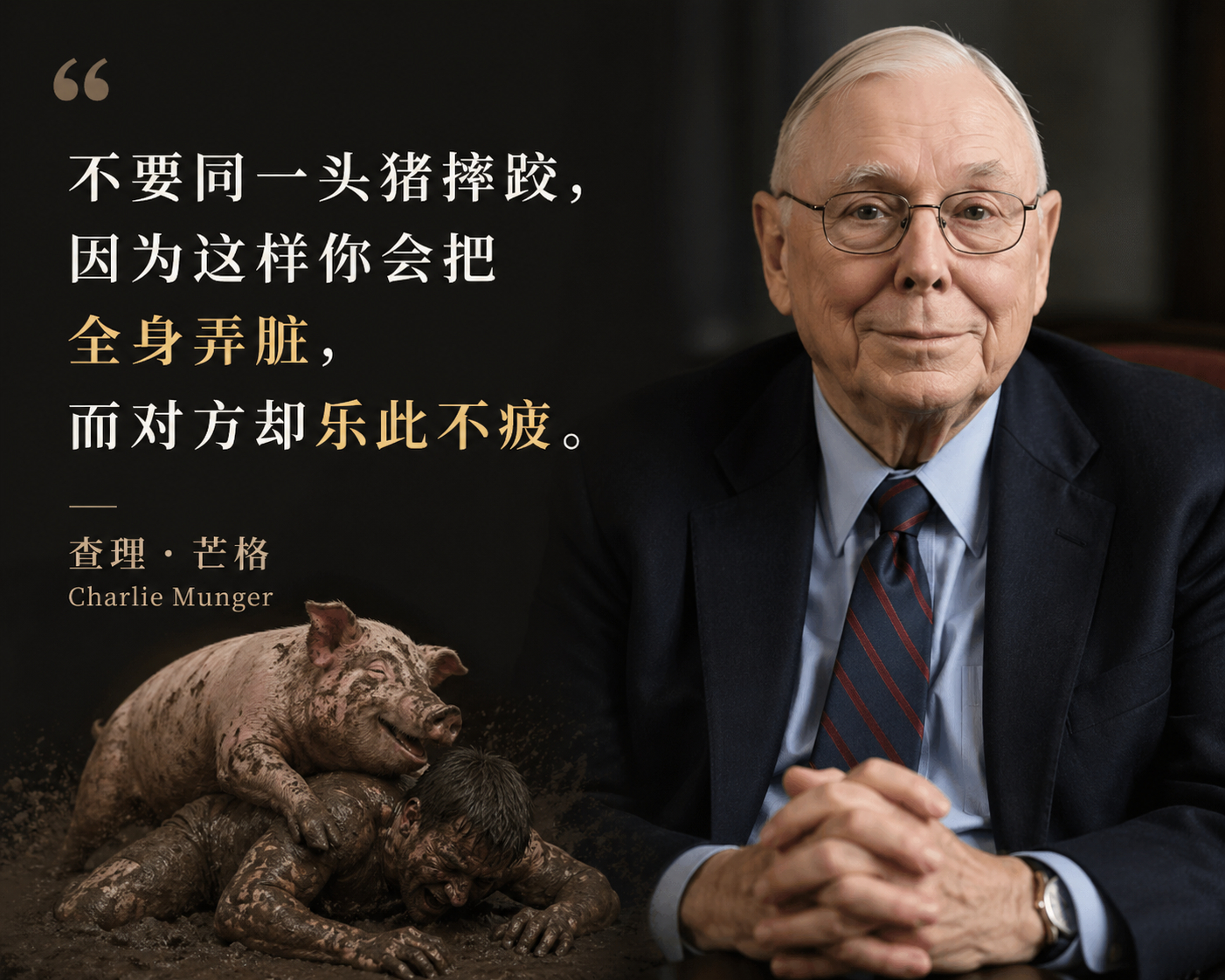 查理・芒格："不要同一头猪摔跤，因为这样你会把全身弄脏，而对方却乐此不疲。"查理