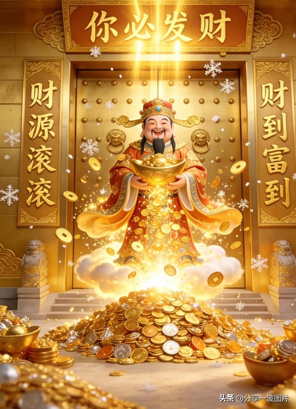 财神捧宝临门至，
金玉临门好运来。