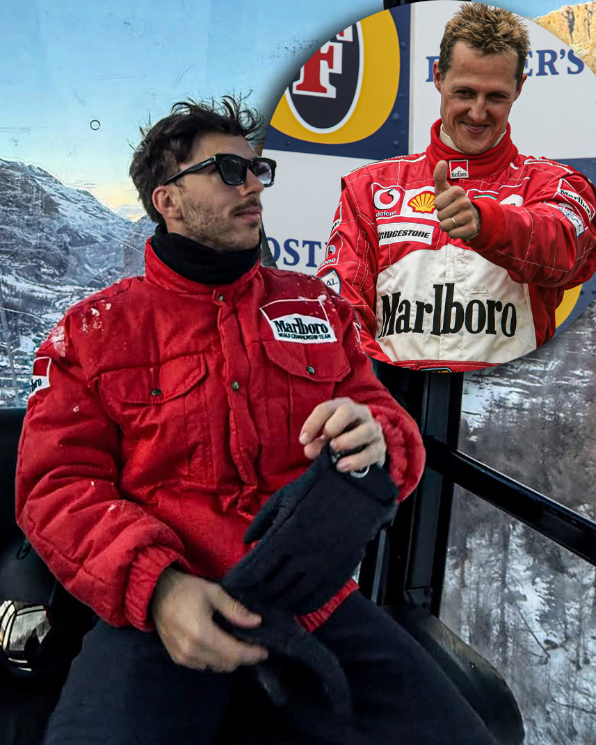 嘉斯利在舒米生日当天晒出了一张身着红色万宝路夹克去滑雪的图片f1