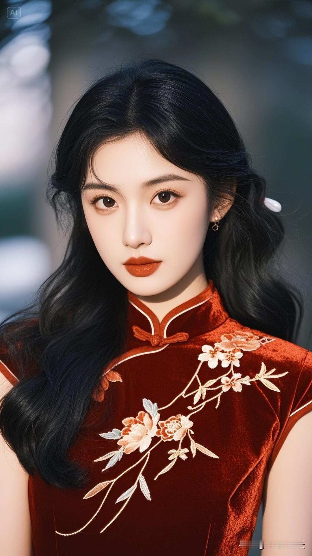 一袭红色旗袍，成熟优雅，气质清冷，古典之美的绽放，宛如画中仙子。美女人像群 高清