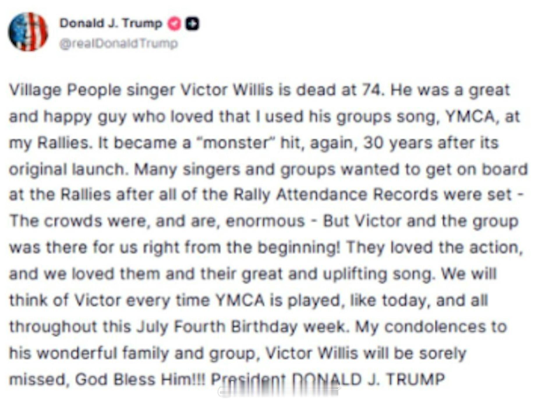 YMCA主唱去世 据外媒，《Y.M.C.A.》原唱人，也是知名美国乐团乡巴佬乐团