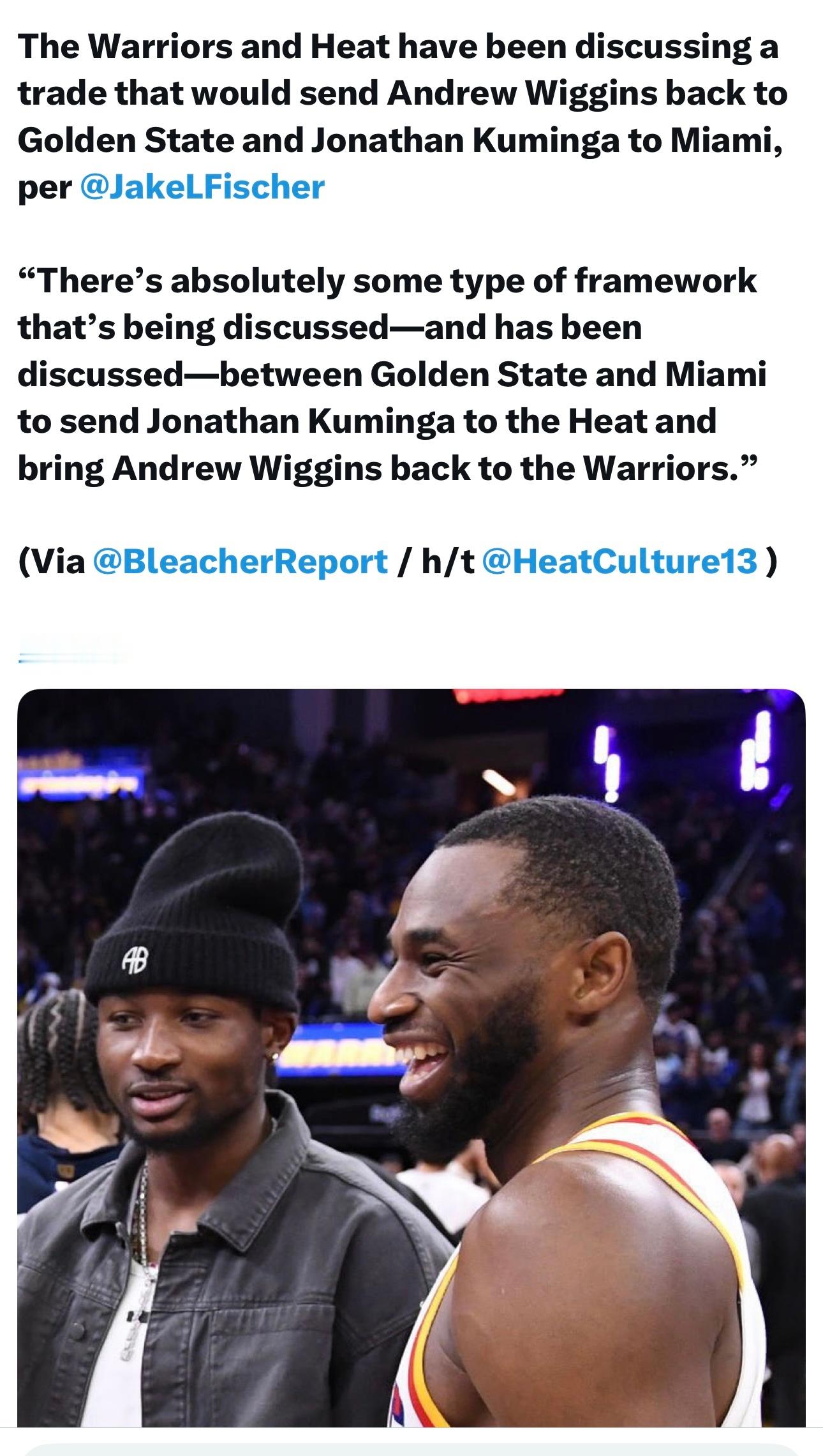 据记者Jake Fischer报道，勇士和热火正在讨论一笔交易，打算让威金斯回到