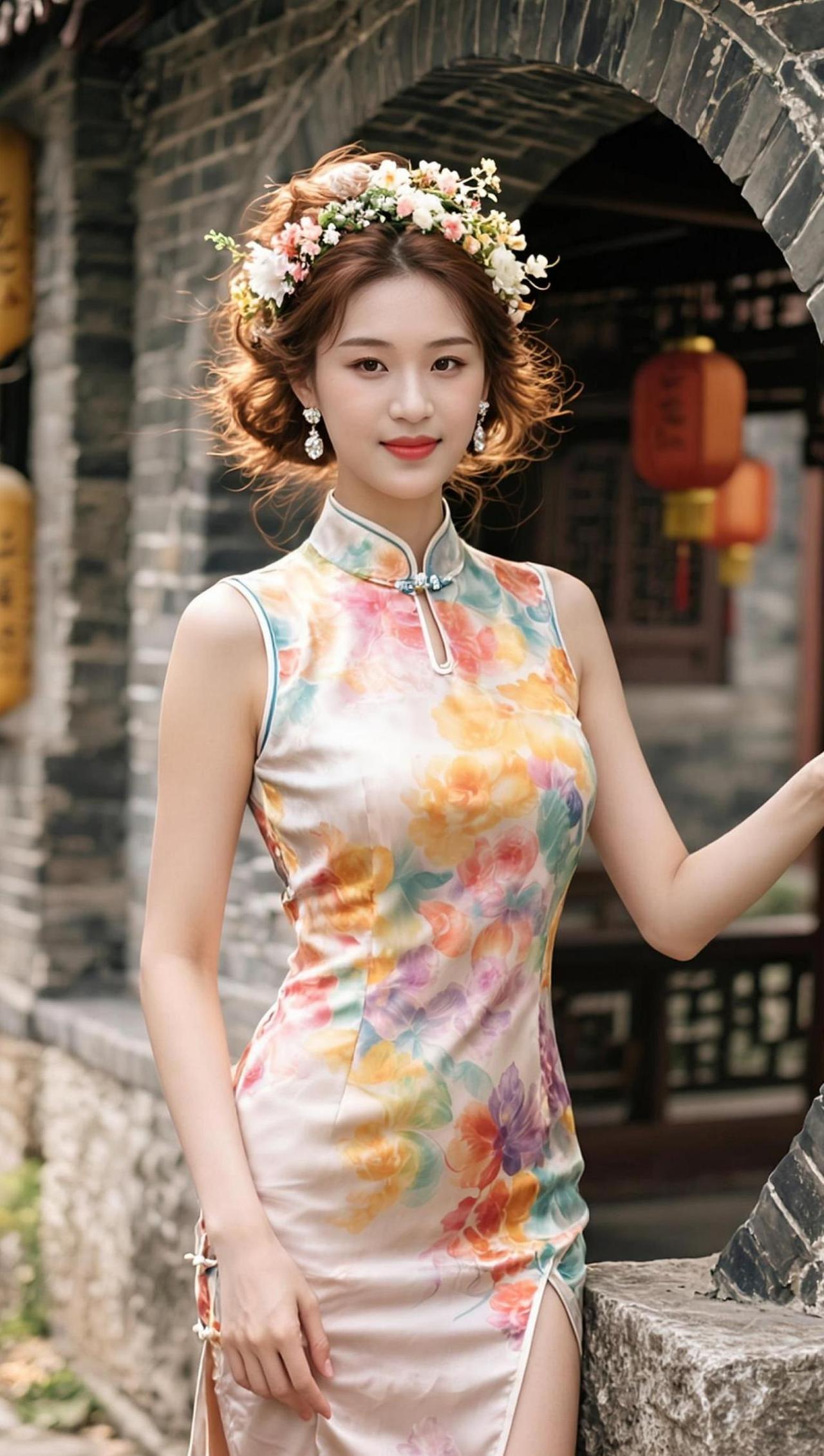 春日的暖阳洒在旗袍的花纹上，仿佛时光在这一刻凝固。复古的建筑与现代的穿搭碰撞出别