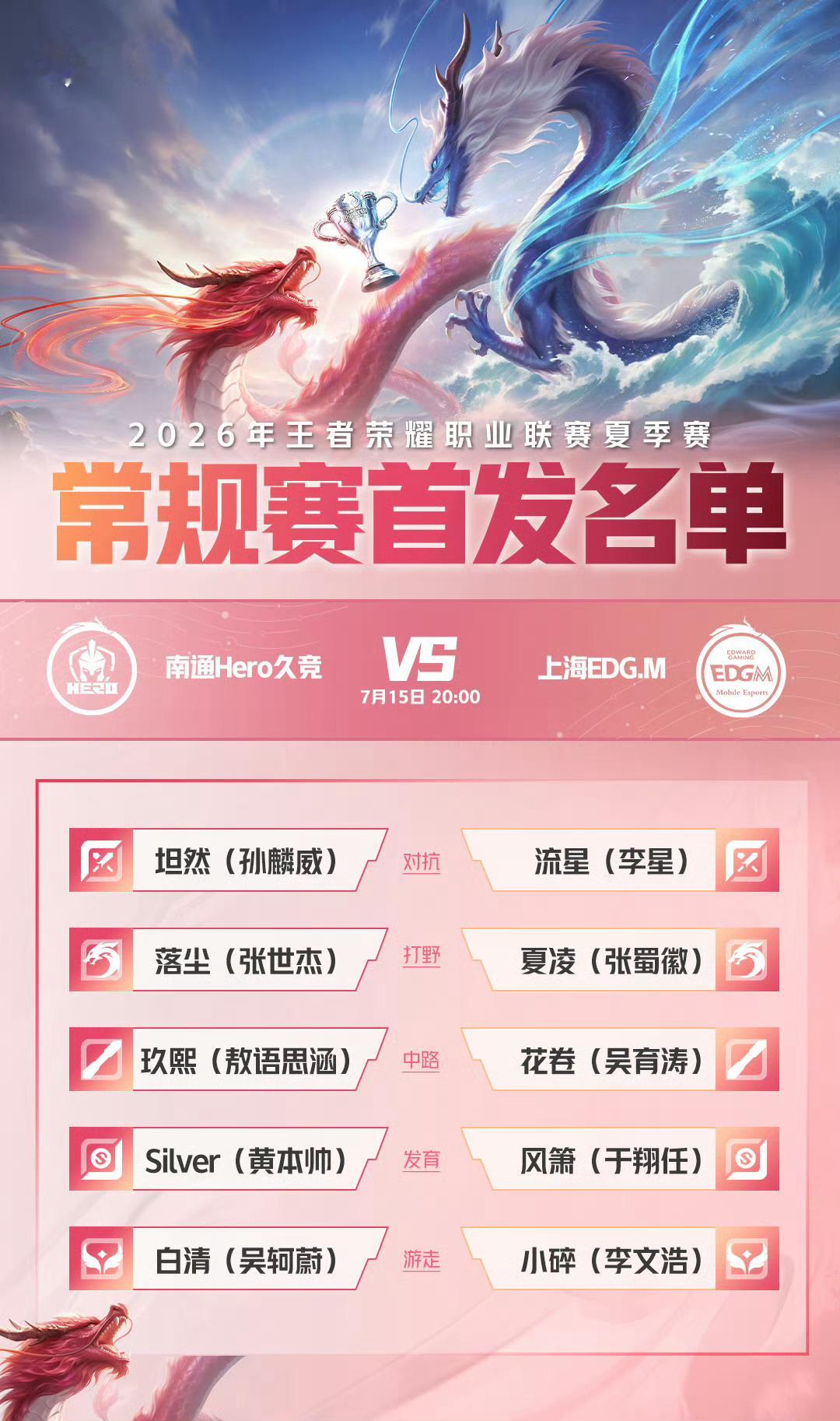 【0715首发名单】2026KPL夏季赛14:00 SYG vs 长沙TES.A