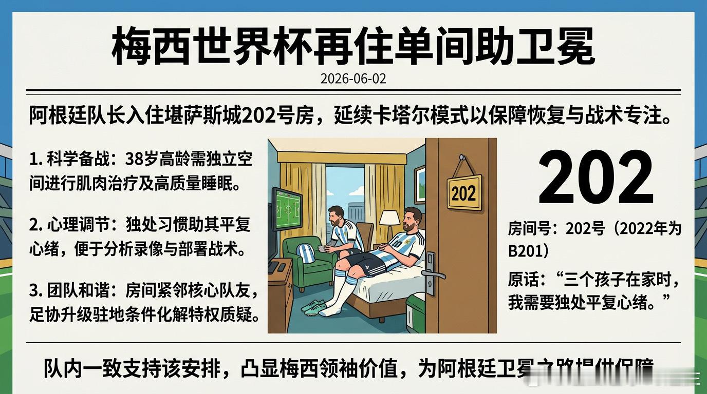 2026年美加墨世界杯期间，38岁的梅西延续了上届世界杯的住宿模式，在阿根廷队堪