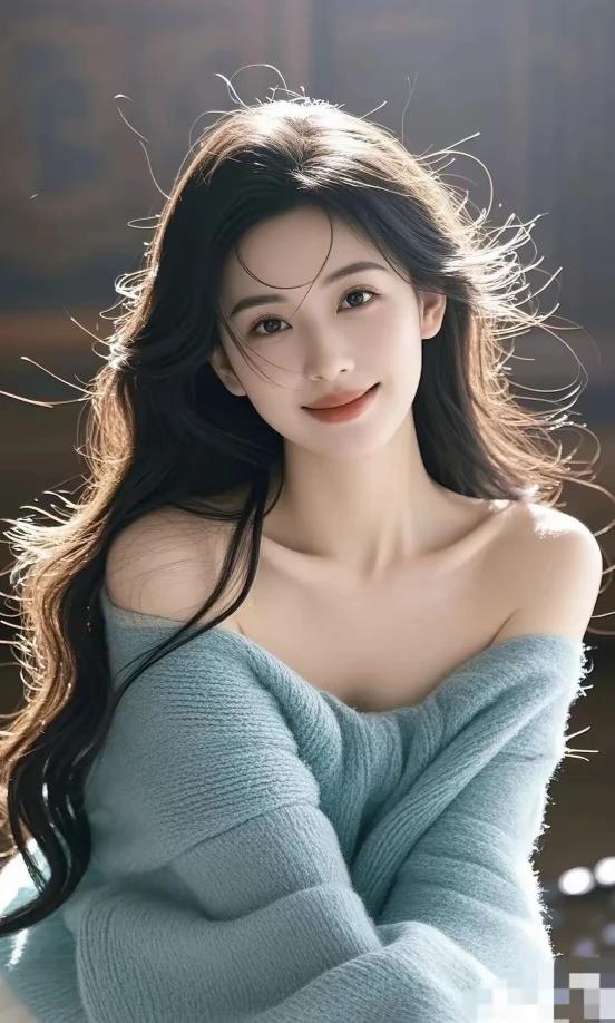 上联：长发及肩笑意暖
下联：眸若秋水映繁星