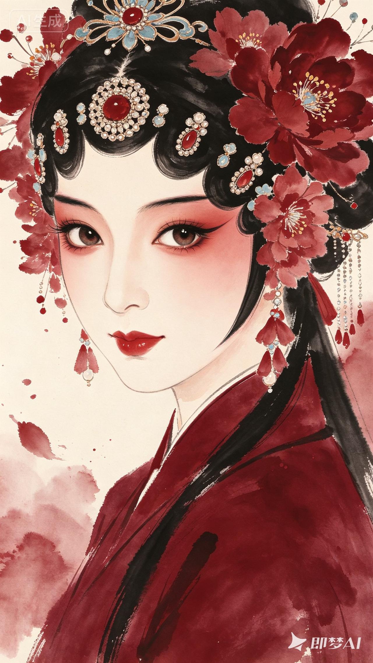 古风美人图鉴：红衣美人，花冠点缀，惊艳绝伦！
