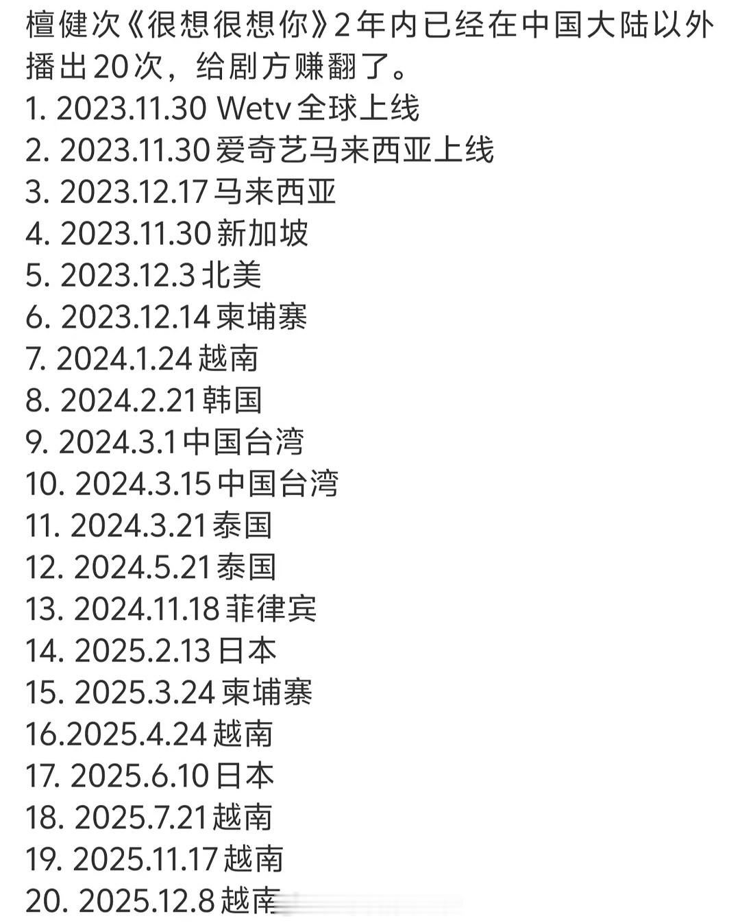 檀健次《很想很想你》12月8日将在越南HTV2 电视台播出，这是《很想很想你》第
