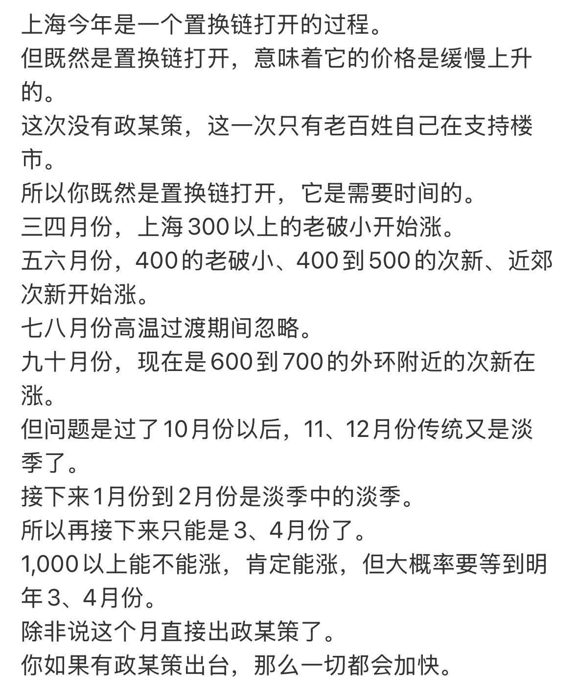 上海今年是一个置换链打开的过程。
但既然是置换链打开，意味着它的价格是缓慢上升的
